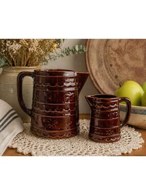 Marcrest Daisy Dot Brown Stoneware Pitcher Creamer Set MCM USA